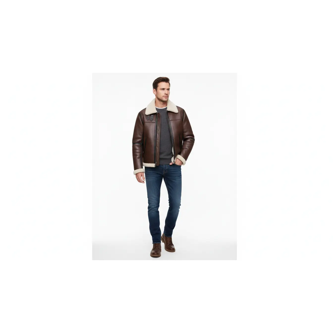 Men’s Genuine Leather Shearling Aviator Jacket B3 Bomber Fur Lined Coat