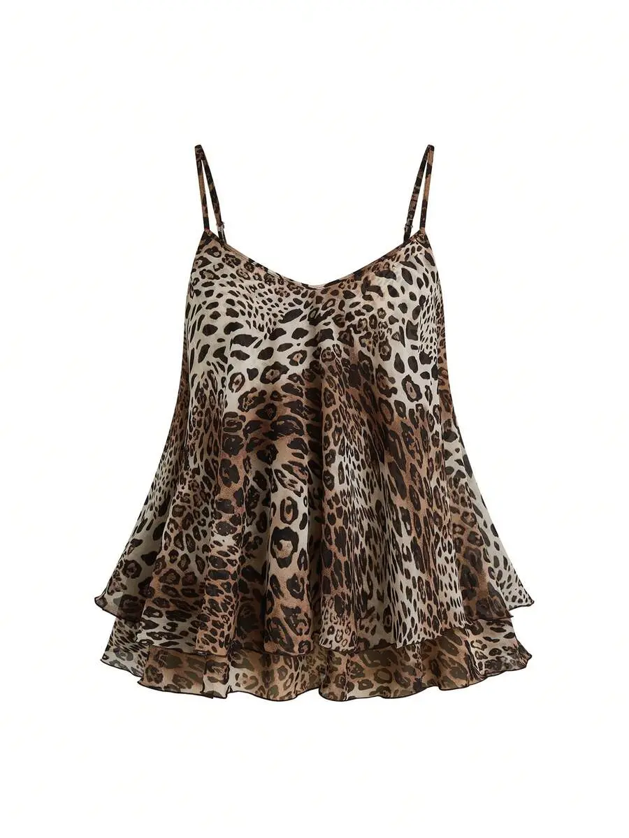 BAE Women's Regular Length Leopard Print Tiered Layer Tank Top With Spaghetti Straps