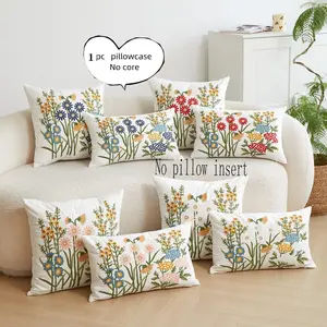 Floral Embroidery Cushion Cover without Filler, 1 Count Square Throw Pillow Cover, Household Decoration Supplies for Home Living Room Bedroom, Home Textile