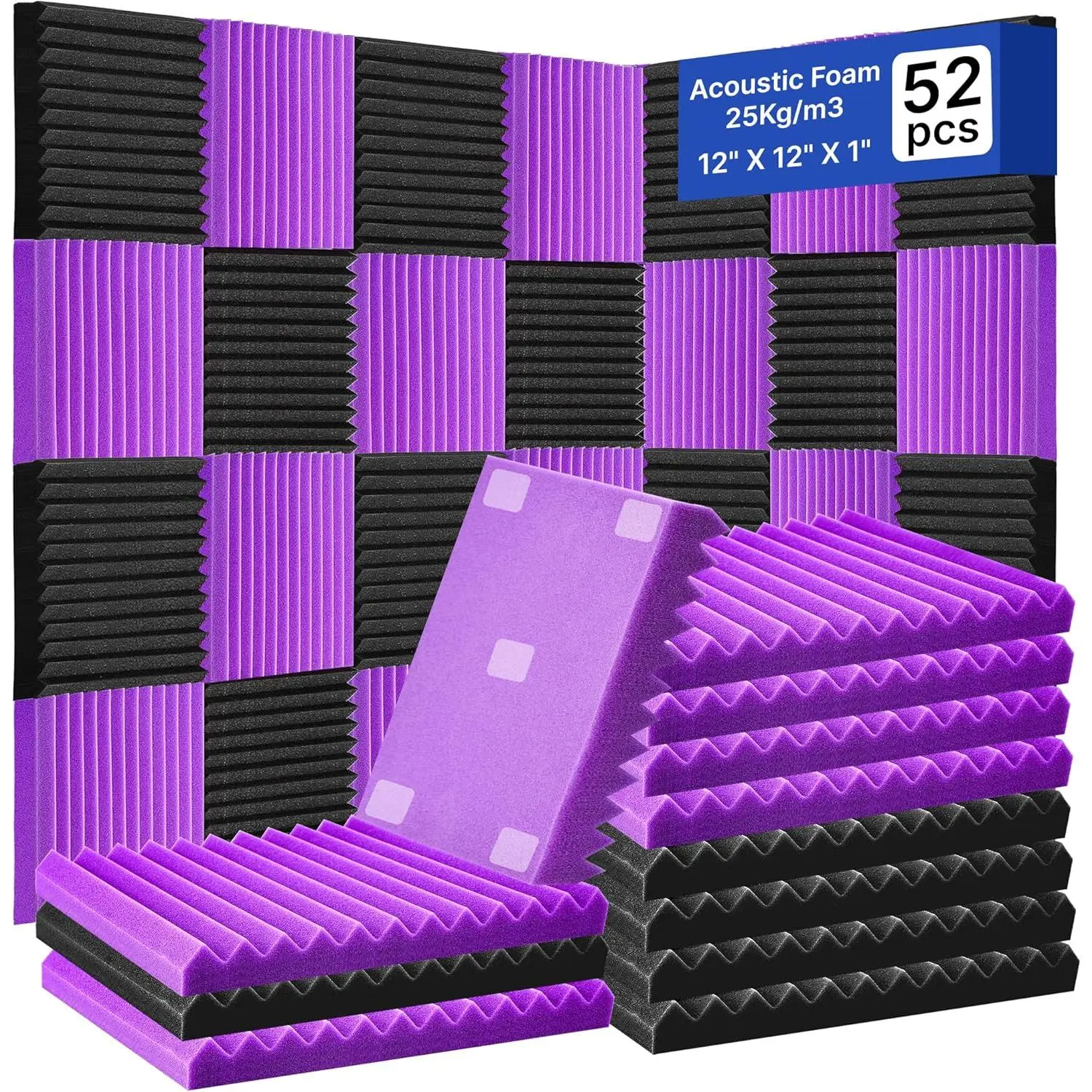 52 Pack Acoustic  Panels,1" x 12" x 12"Acoustic Wedge Studio  Sound Absorption Wall Panels (Black/)