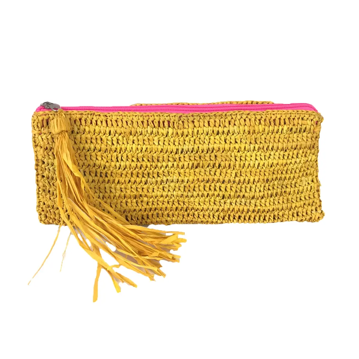 Mar Y Sol Emily Sunflower Crochet Raffia Envelope Clutch for Women, Slim Lightweight Handbag with Tassel and Zip Closure, Casual, Straw/Bamboo