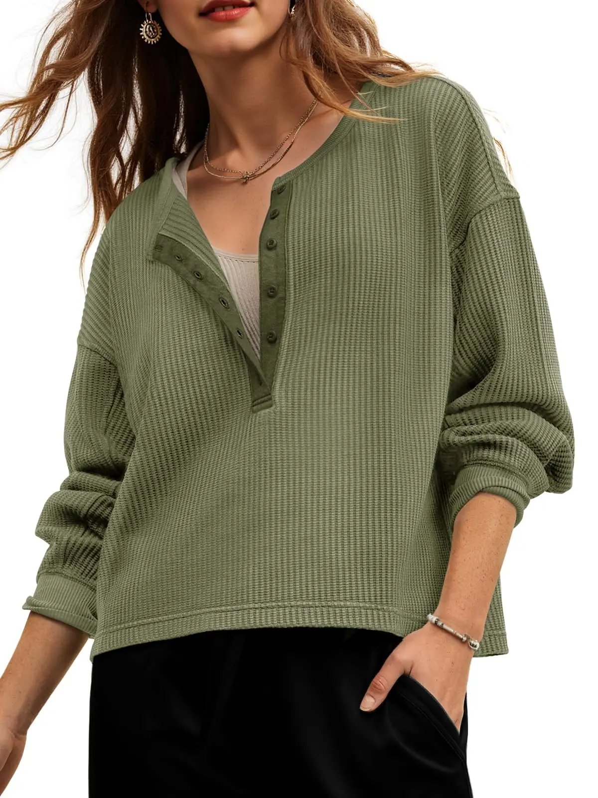 Fisoew Women's Cropped Waffle Knit Sweatshirt - Casual Button V-Neck Long Sleeve Loose Fit Fall Crop Top with Light Fabric, Workout Style & Jeans Pairing Compatibility, Knitwear, Basic, Lady