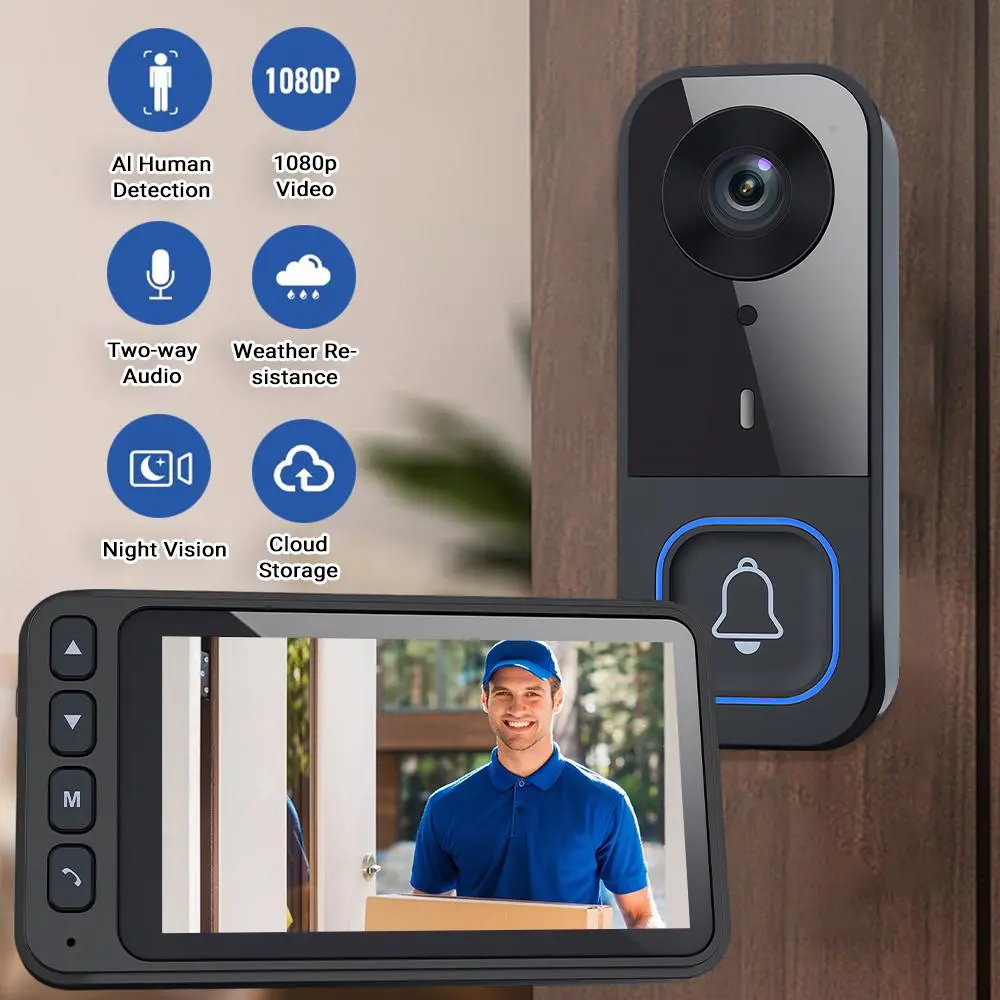 【Summerfinds】1080P Wireless Video Doorbell with Indoor Monitor, Home Security Camera Doorbell, AI Human Detection, Two-Way Audio, Night Vision, Built-in Battery, Cable-Free Installation Visual Doorbell