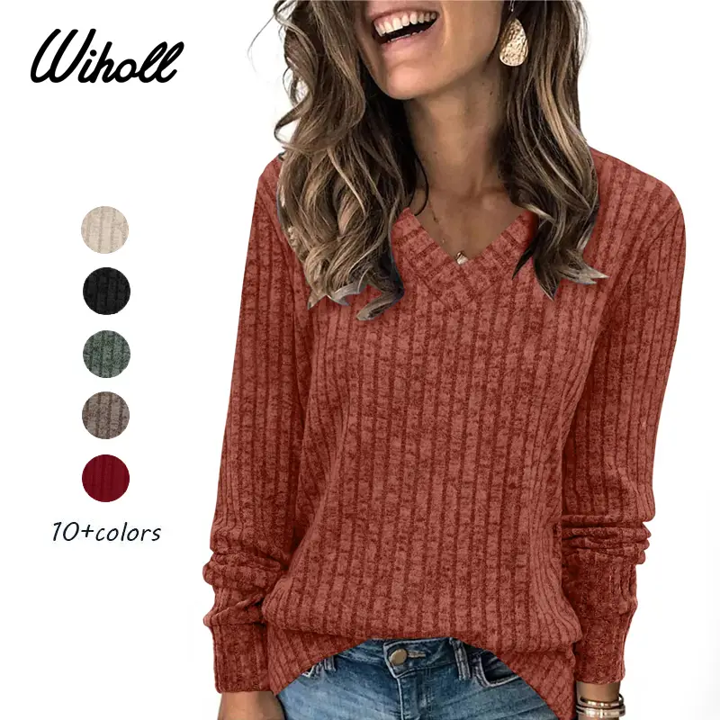 Wiholl Women's V-Neck Long Sleeve Knit Sweater | Lightweight & Wrinkle-Resistant Autumn Design | Oversized Loose Fit Sweater for Layering or Standalon