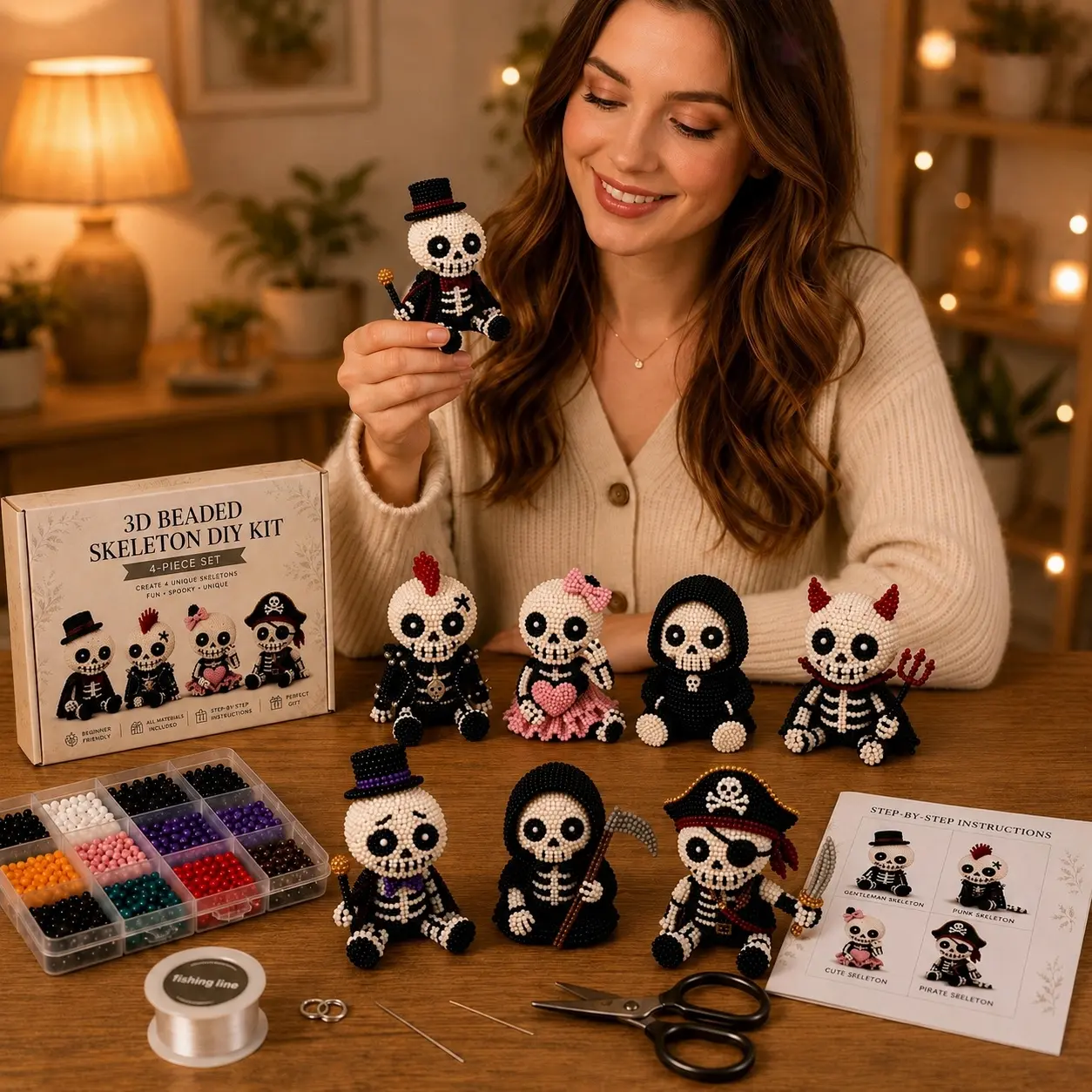 3D Beaded Skeleton DIY Kit - Creative, Customizable Home Decor Statue Craft Kit with Beads, Instructions for Craft Enthusiasts