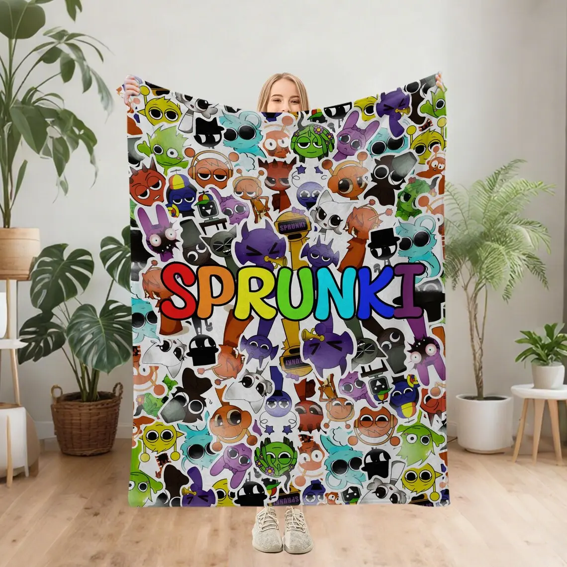 Sprunki blanket, personalized Sprunki blanket, colorful cartoon blanket, fun blanket, personalized gift for a child's room.