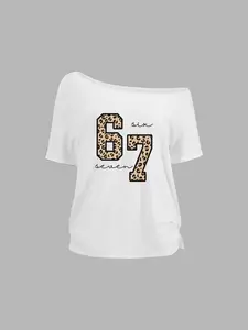 Women's Y2K Style Asymmetrical Shoulderless T-Shirt, Leopard Print Number 67, Casual Sexy Top, Soft Fabric, Outdoor Playwear