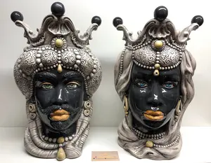 Emiro Moor's Heads Caltagirone Ceramic cm H.45 L.29 Handcrafted Ecru Black Spheres
