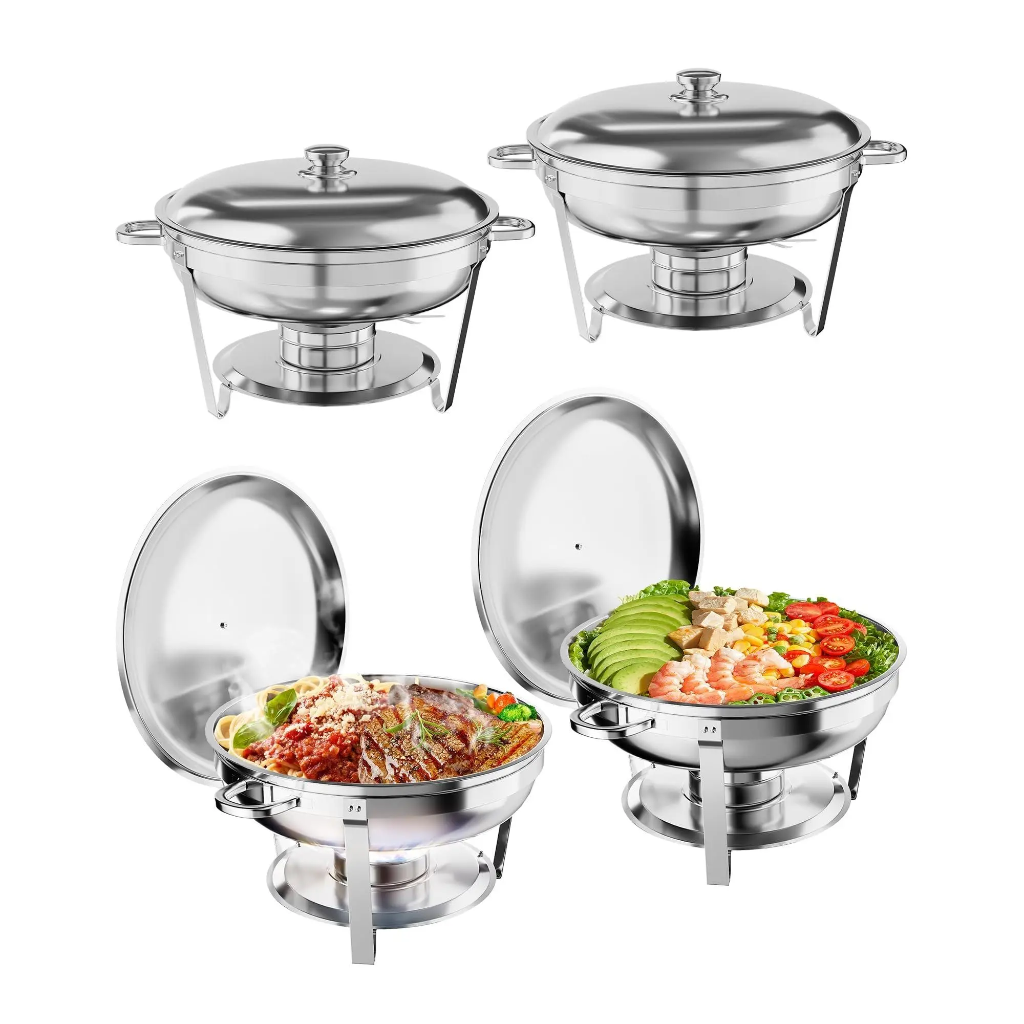 Sturdy Kitchen 5QT Capacity Round Stainless Steel Chafing Dish Buffet Set - Multiple Packs (2,4 or 6), Lids, Stand, Spoon & Tongs - Portable for Catering, Weddings - Dishwasher Safe Food Warmer