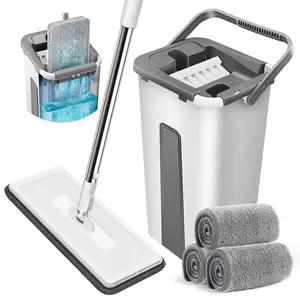 Saker Mop and Bucket Set with Dryer for Floor & Wall Cleaning, Adjustable Handle, 3 Washable Microfiber Pads, Hygienic Dual-Bucket System, Kitchen Essential