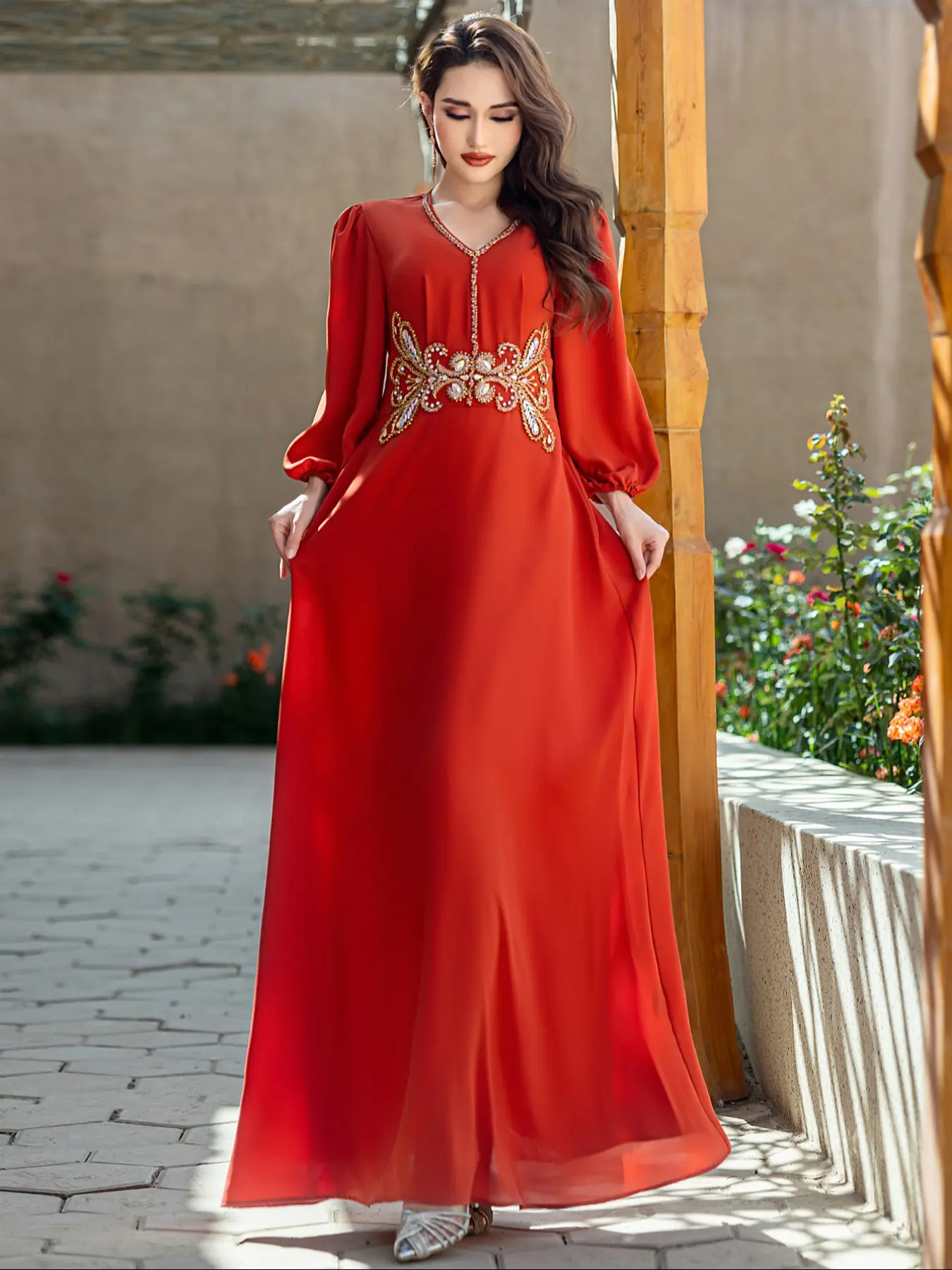 Embroidered Abaya Dress, V Neck Design with Gold Beads, Lantern Sleeve, Perfect for Formal Weddings and Eid Celebrations, Embroidery Abayas for Eid, Muslim Dresses, Islamic Abaya Dress