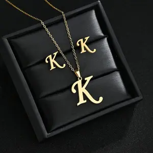 LUX-JEWEL - Fashion Stainless Steel A-Z Alphabet Initial Necklace 26 English Letter Earrings Necklace For Women Set Personalize Jewelry Gift