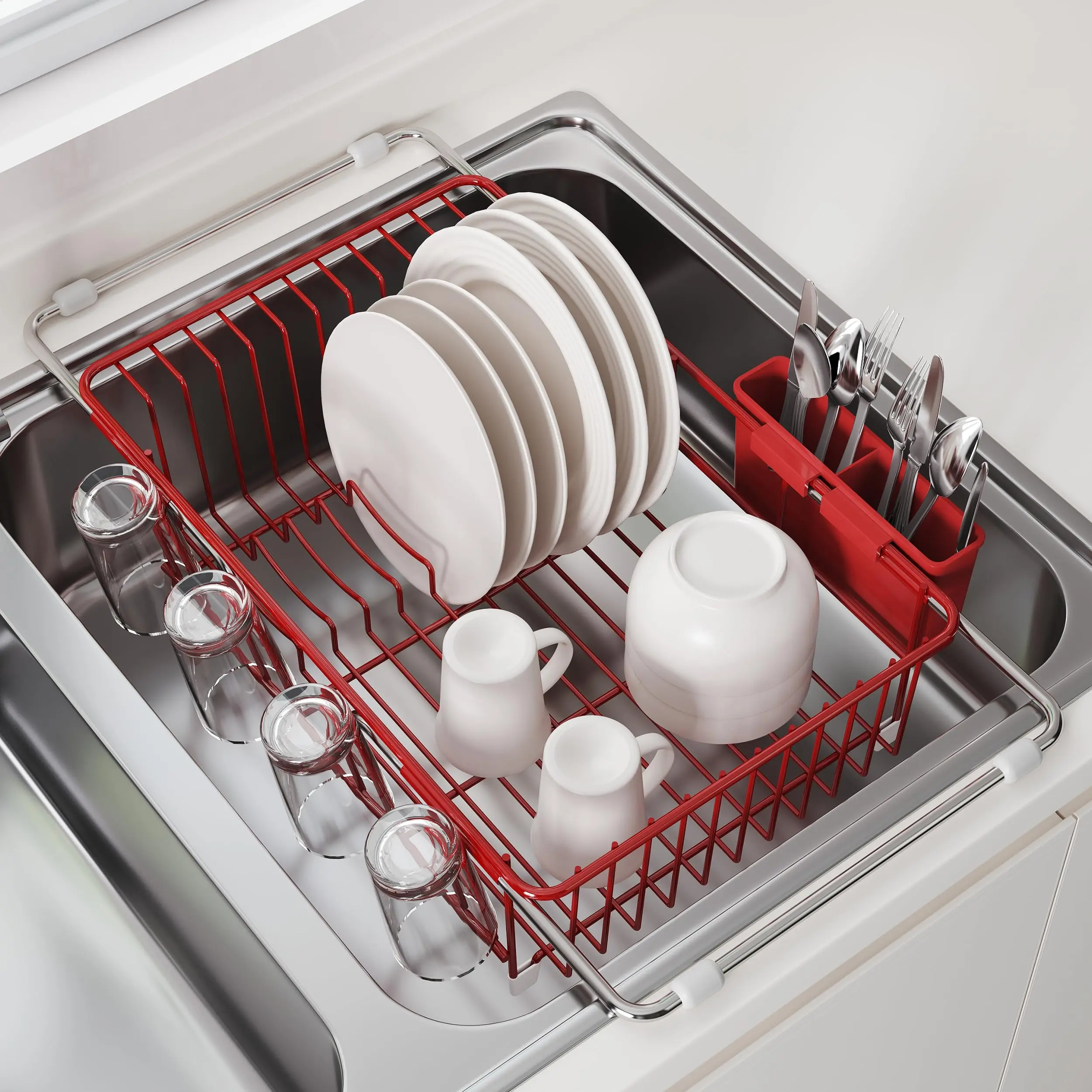 Space-Saving Over The Sink Dish Rack, Expandable Stainless Steel Dryer with Cup Holder and Removable Utensil Basket