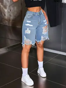 American Style Ripped Denim Shorts, High Waist Slim Fit, Frayed Edge Straight Leg, Summer Fashion Trendy Pants, 2026 New Arrival, Womenswear