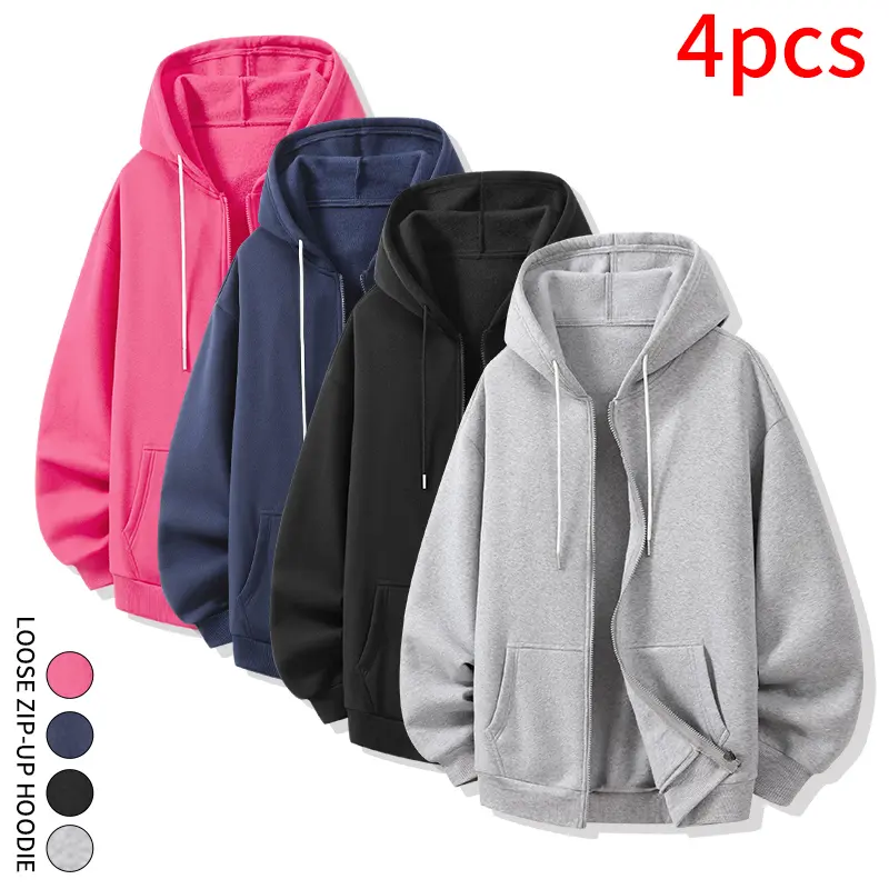 Men's 4-Pack Solid Zip-Up Hoodies, Loose Casual Hooded Sweatshirts for Youth Street Style Daily Wear