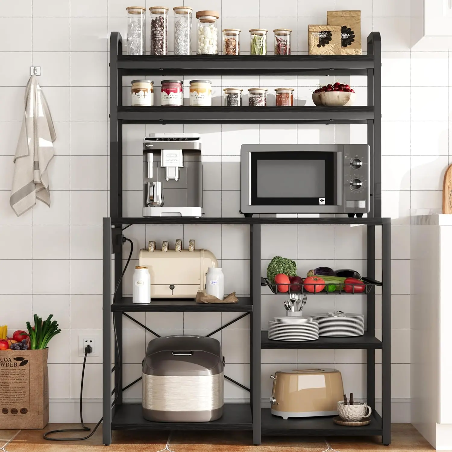 6-Tier Bakers Rack Organizer with Power Outlet and Storage Cabinet – Freestanding Coffee Bar & Microwave Stand – Open Shelves Industrial Kitchen Utility Shelf for Dining or Living Room, Black/Grey/Brown