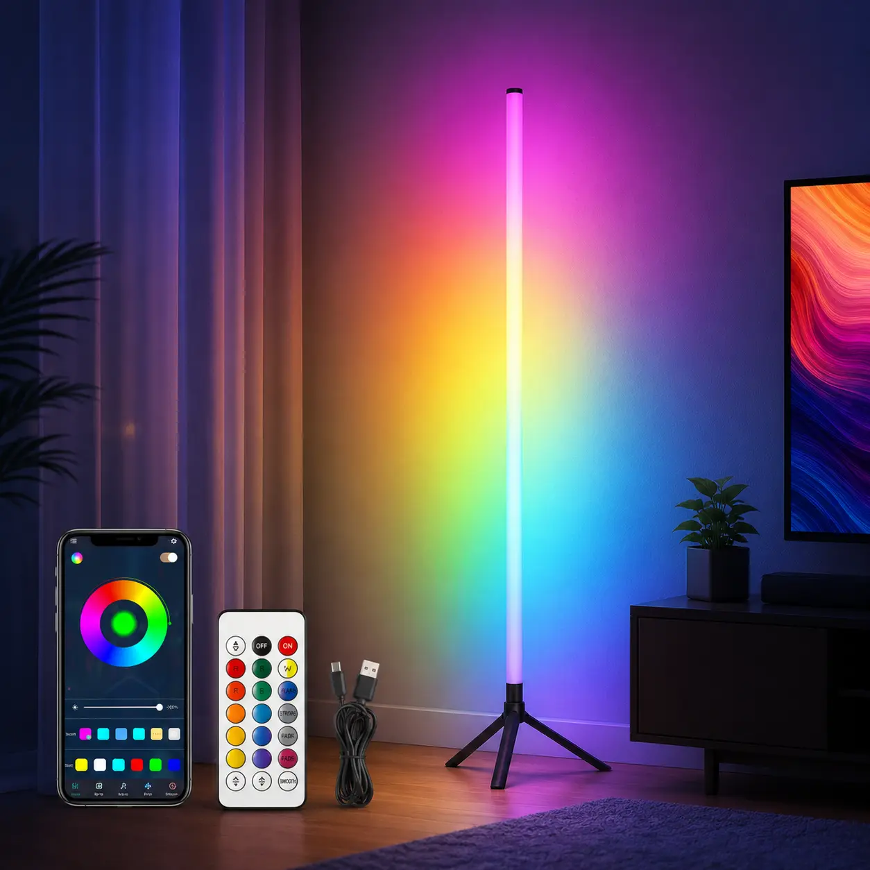 360° RGB Smart Floor Lamp, Color Changing LED Corner Light with Music Sync, App & Remote Control, Smart Ambient Lighting for Bedroom, Living Room, Gaming Setup,LED Floor Lamp,Bedroom,Living Room,Gaming Room
