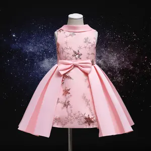 Ready Stock Princess Dress For Girls pink sparkly dress girl kindergarten graduation pink dress Star Print Sequins Bow Sleeveless Round Neck Dress Princess One Piece Party Dress 2-10 Years,Pink 5th grade prom dresses ZT-8289