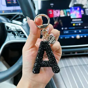 New Black Clay Letter Keychain with Rhinestones English Car Key Pendant Unisex Bag Small Ornament