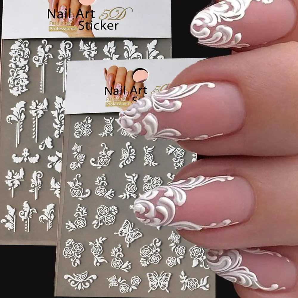5D White Face Flowers Nail Art Stickers 8x10cm Elegant Wedding Bride White Floret Nail Decal Self-Adhesive Flowers Nail Slider