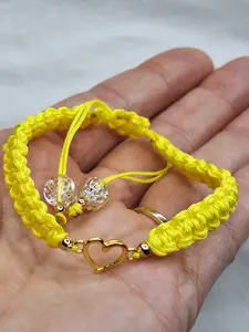 Yellow Satin Cord Heart Bracelet with Crackled Glass Beads