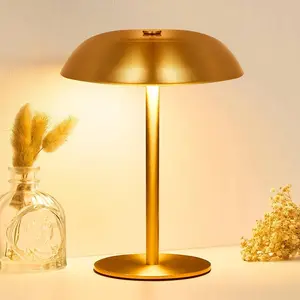 Gold Cordless Table Lamp Rechargeable LED Mushroom Desk Light with Touch Control 3-Color Dimming Battery Powered for Bedside Bar Outdoor Restaurant