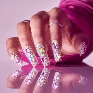 Gold Finger Glitzy 3D Handmade Press-On Nails – Pink & Purple Jewel Encrusted (X-Long Square)