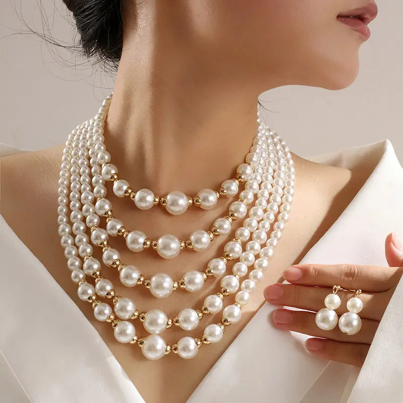 Female Elegant Artificial Pearl 2-Piece Fashion Jewelry Set - Multi-Layer Chain Necklace & Earrings, Bride Jewelry Set for Wedding Day, Party Accessory