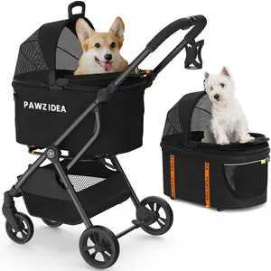 PAWZIDEA Pet Stroller 4 in 1, Dog Strollers for Small Medium Dogs Cats with Detachable  travel carrier NO-Zip Canopy, Seatbelt Puppy Car Seat Combo, Cozy House, Foldable & Lightweight Jogger Cat Stroller , Pet Stroller for 2 Cats, Storage Basket