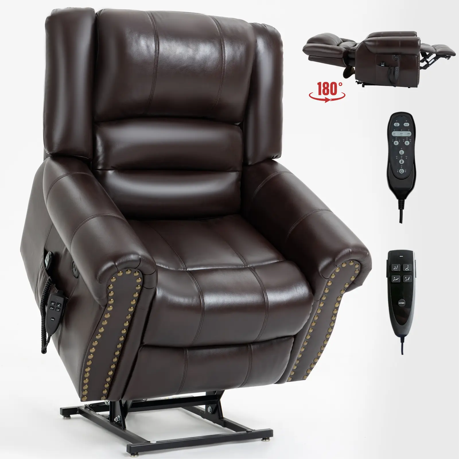 Leather Power Lift Recliner Chair, Dual Motor Infinite Position Recliner with 8-Point Massage & Lumbar Heat, Heavy Duty 350 LBS Capacity, USB Ports & Side Pockets for Elderly（PU Brown）