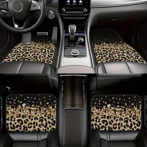 Set of 4 Stylish Car Floor Mats with Leopard Print Design (Made of Crystal Velvet, Interior Car Additions, Complete Coverage) Car Interior Accessory Automotive Floor Mats