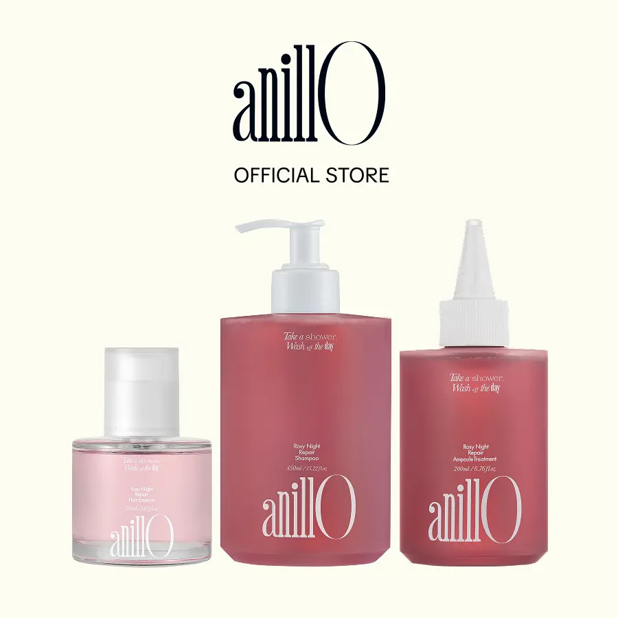 anillO Rosy Night Repair Set Trio - Korean Shampoo& Ampoule Treatment & Hair Essence for Damaged Hair