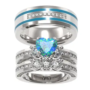 Wedding Ring Sets His And Hers Promise Ring Wedding Ring Sets His And Hers Couples Women 925 Sterling Silver Heart Opal Man Sterling Silver Wedding Band