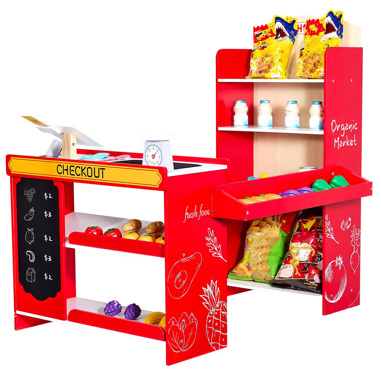 【SummerFinds】VEVOR MDF Wood Kids Grocery Store Playset, Pretend Play Toy with Shopping Bags, Conveyor Belt, Scanner, Cash Register, Card Reader, Realistic Scale, 20 Fruit & Vegetable Pieces, Gift for 6-8 Years Olds, Play Food Sets, Multi Activity Play