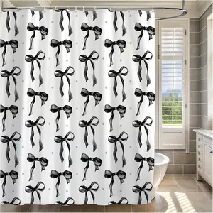 Cute Shower Curtain, Bow Pattern Waterproof Fabric Shower Curtain for Bathroom Decor, Aesthetic Modern Shower Curtains Sets with Hooks for Women Girls