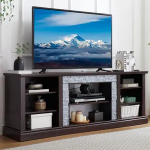 70" Modern TV Stand with Realistic Stacked Stone Surround, Entertainment Center with Storage Space, Wooden TV Console Table for TVs Up to 75", Rack for Living Room (Cherry, 70 inch)