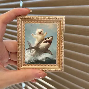 Kitten Riding Shark Magnetic Fridge Magnet, Whimsical Surreal Art Decor, Funny Adventure Animal Magnet for Home, Gift for Cat and Ocean Enthusiasts, Refrigerator Magnet