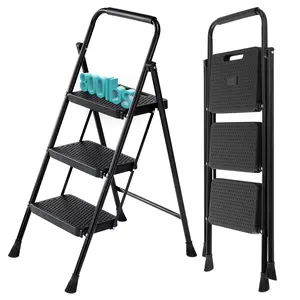 Step Ladder, Foldable Stool with Wide Pedal, Cushioned Handle, 800lbs Capacity for Home Kitchen and Outdoor, Black