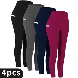 4 sets of high-waisted yoga leggings with pockets, women’s plus-size leggings GARMENTARY