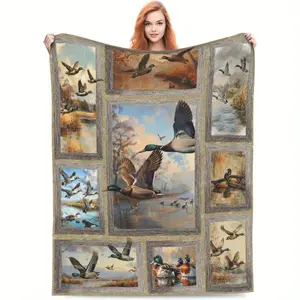 Extra Large 50"x40" Heavyweight 280g/m² Duck Hunting Blanket - Green, Brown, Gray Realistic Flying Duck Pattern - Four Seasons Sofa, Bed, Cabin Decoration - Anti-Pilling Flannel - Perfect Gift for Hunters, Outdoor Enthusiasts, Nature Lovers, Warm and Dura