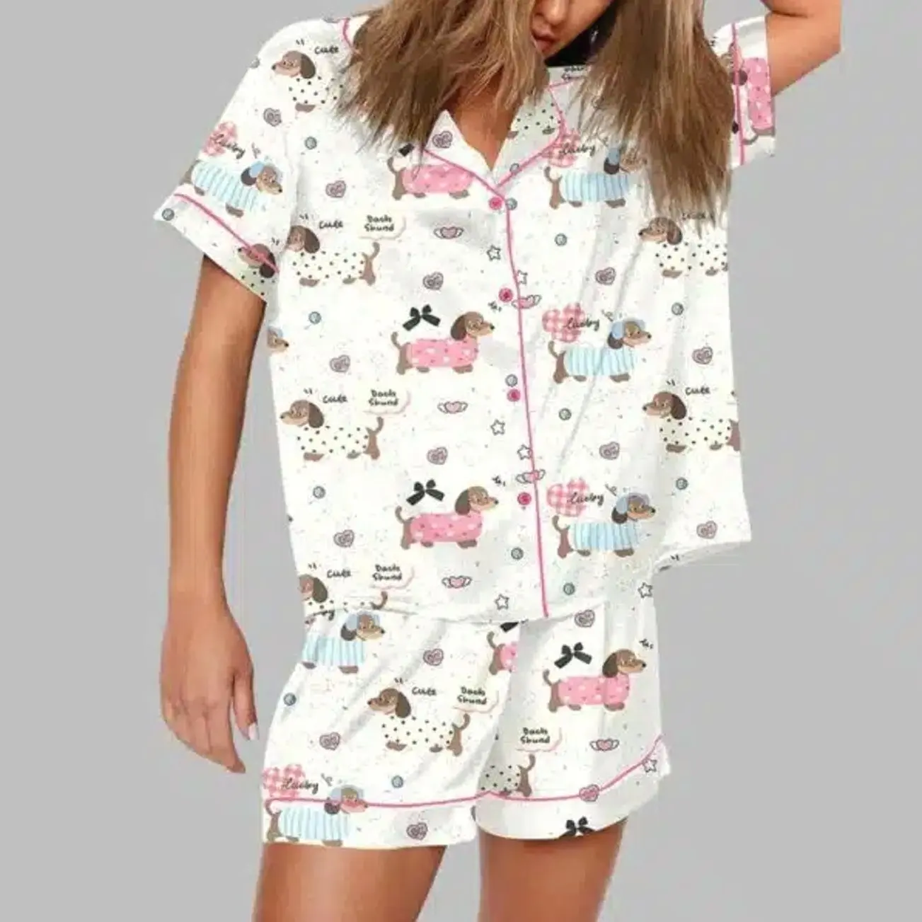 Cute Dachshund Dog Pajama Set, Puppy Print Button Down Top and Shorts, Soft Matching Sleepwear Lounge Set for Women