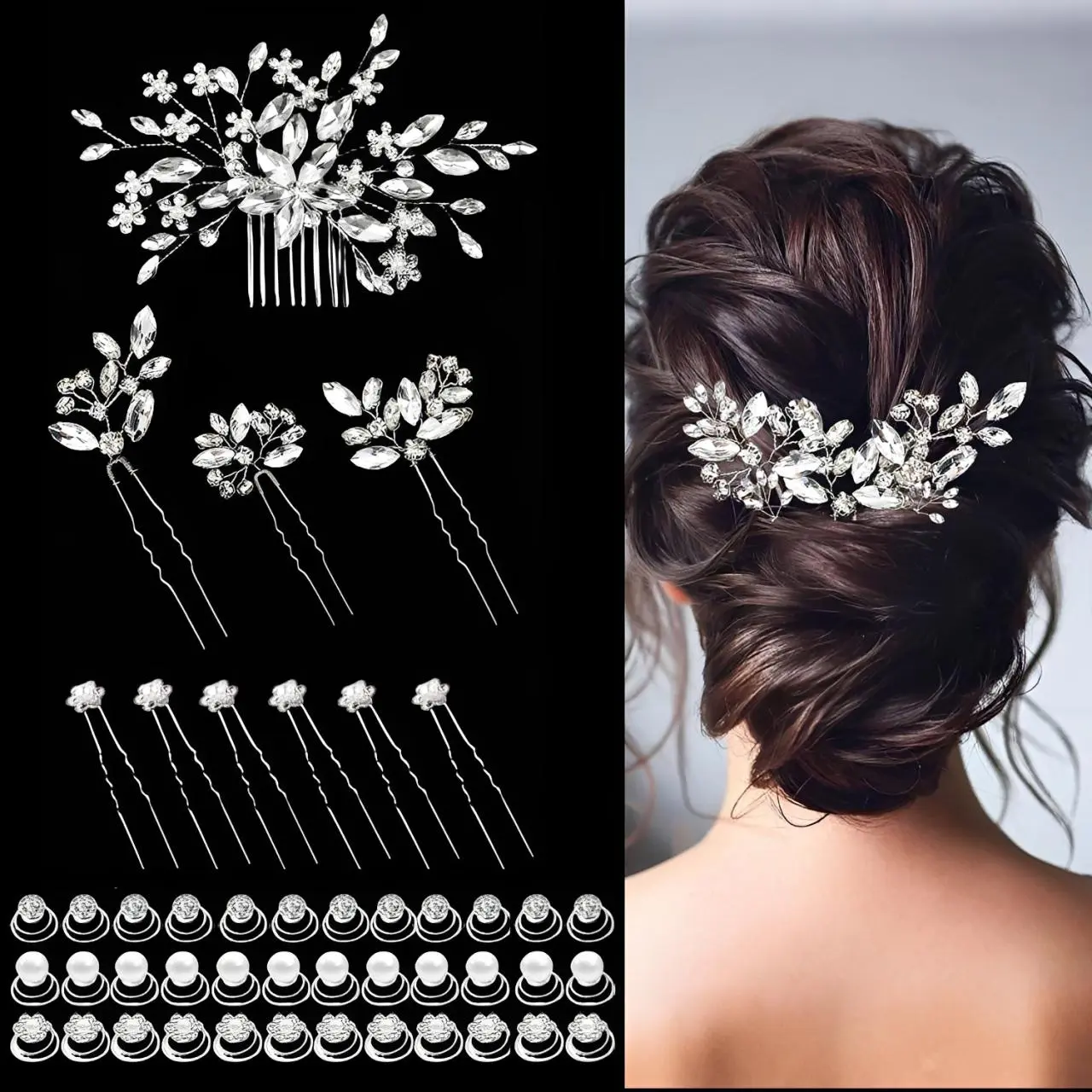 46 pcs Bride Hair Pins Rhinestone Bridal Hair Piece for Women Crystal Hair Accessories for Bride Bridesmaids Flower Girls