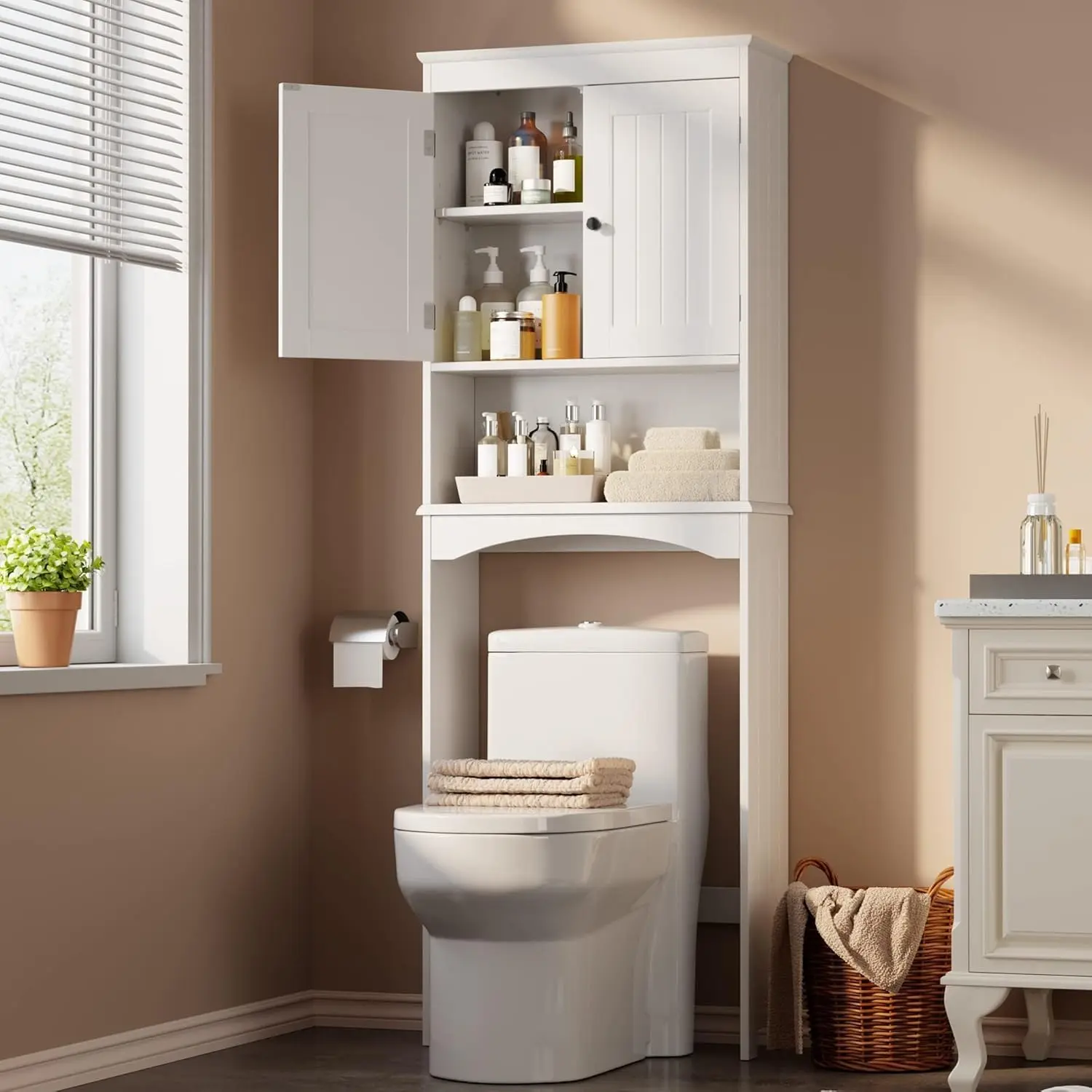 Gizoon Over the Toilet Storage Cabinet with Adjustable Shelf, White Bathroom Space Saver Organizer Above Toilet with Open Shelf and Double Doors, Taller Wooden Free Standing Toilet Rack