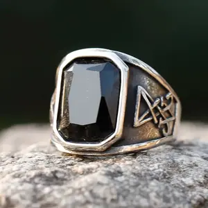 New Men's 316L Stainless Steel Vintage Lucifer Satan Punk Rock Personality Religious Ring Artificial Gemstone Jewelry Accessory