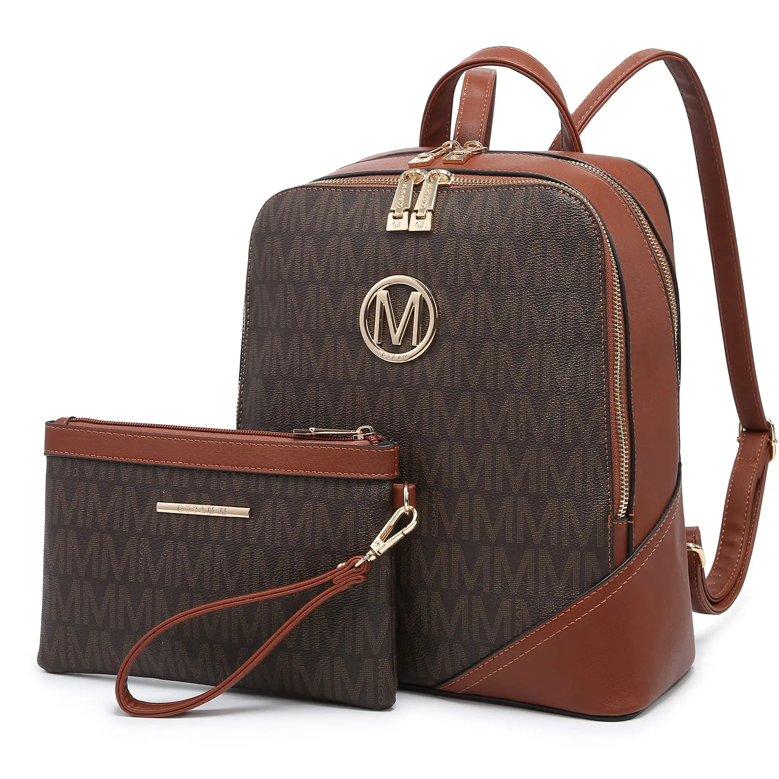 Mkp Women's Fashion Medium Backpack Purse Set - 2pcs Pu Leather Shoulder Bag With Double Zipper For Travel And Daily Use