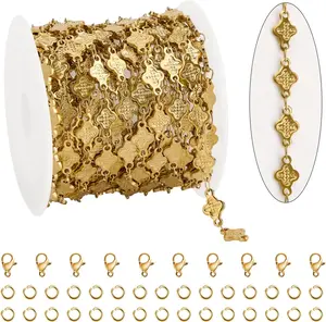 4 Meters  Chains for  Making Embossed Four Clover Leaf Chain Necklace Stainless Steel  Links Roll with Clasps for Women DIY Bracelet Crafts