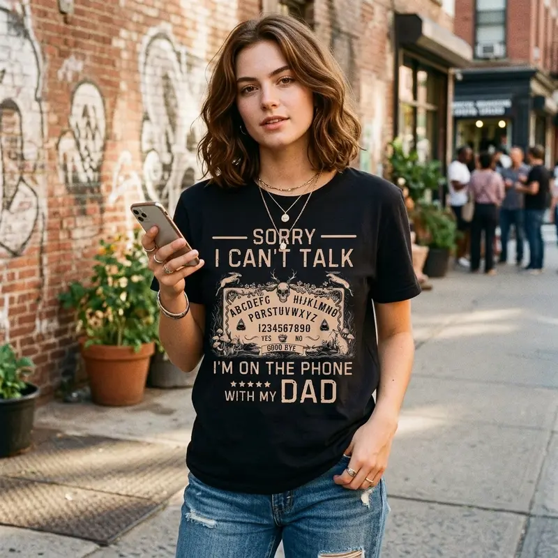 Men's 100% Cotton Short-Sleeve Casual Classic T-Shirt, "Sorry I Can't Talk I'm On The Phone With My Dad" Ouija Board Print Top, Father-Related Gift for Men