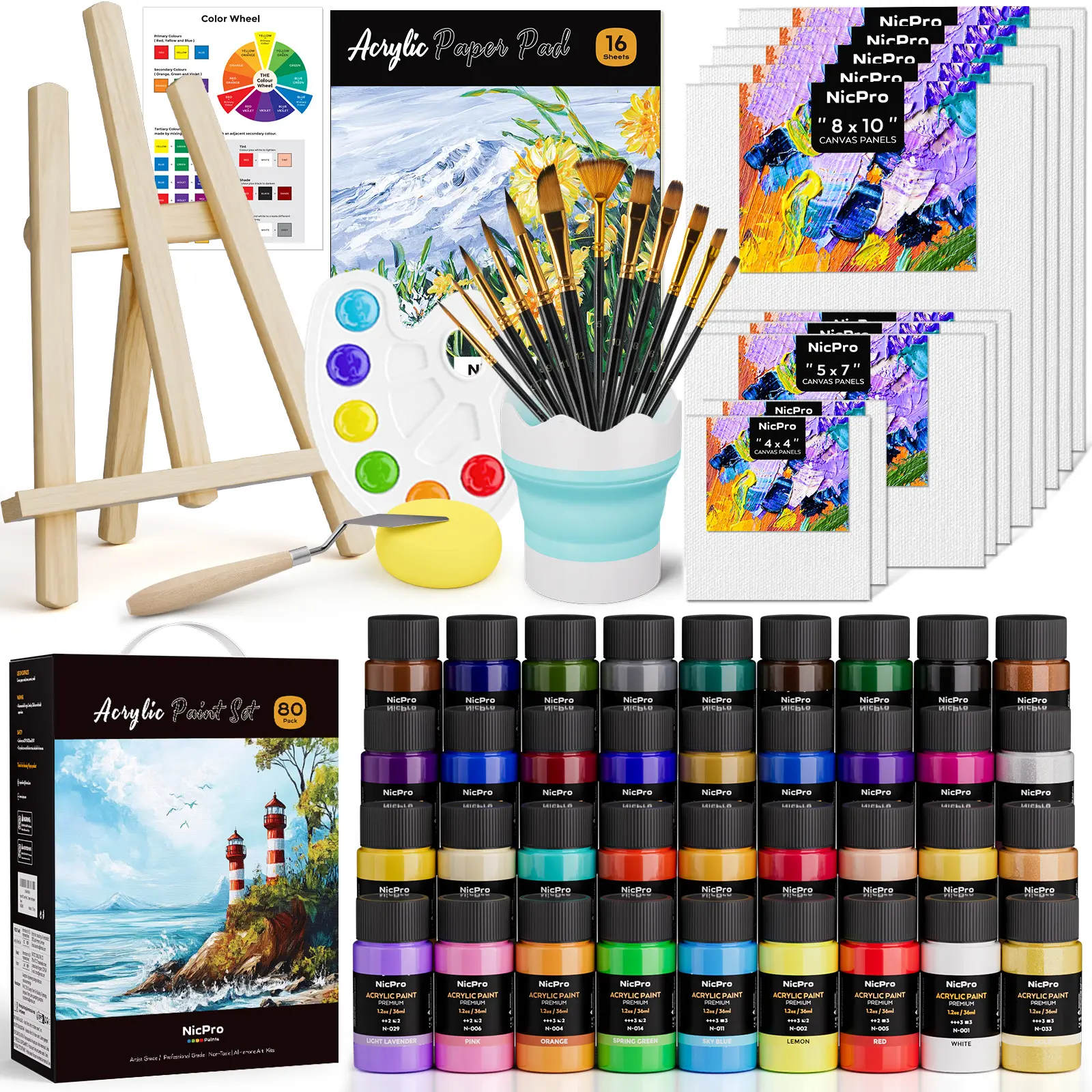 Nicpro Acrylic Paint Kits - 80-Pack Art School Supplies Coloring Materials Set for Beginners, 36x36ML Paints, Wood Table Easel, 10 Canvas Panels, 12 Brushes, Paper Pad, Cleaning Cup, Palette