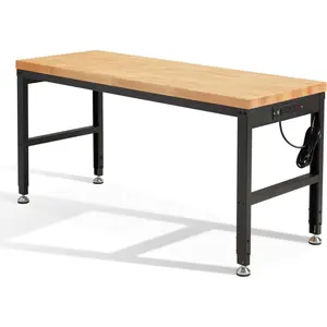 Height Adjustable Workbench 60" 2000 Lbs Capacity Solid Wood Work Station Heavy-Duty Work Tables with Power Outlets for Garage Party Shop Office