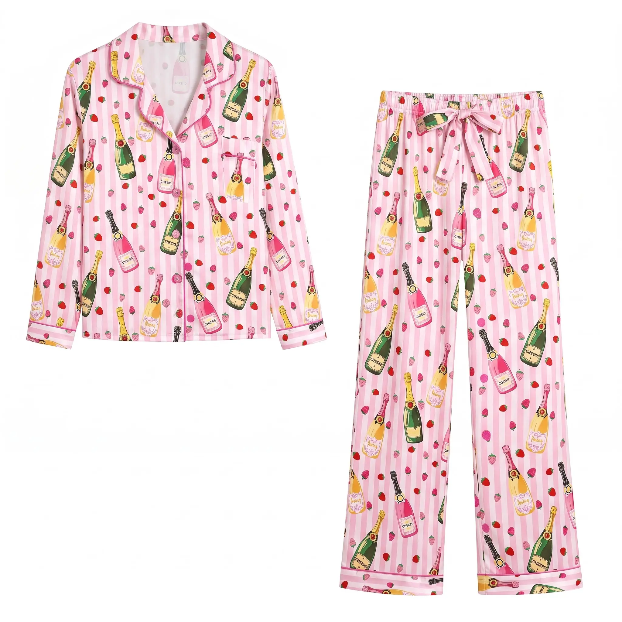 Pink Striped Champagne & Strawberry Pajama Set for Women | Soft Long Sleeve Button-Down Top & Pants Nightwear / Sleepwear